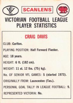 1974 Scanlens VFL #49 Craig Davis Back